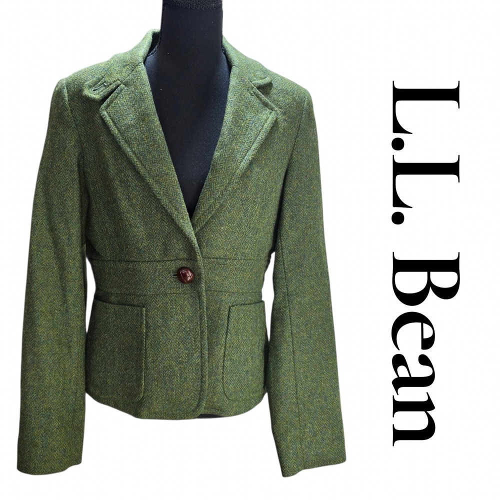 LL Bean Blazer 10 Green Shetland Wool Herringbone Tweed Jacket Vintage Boho